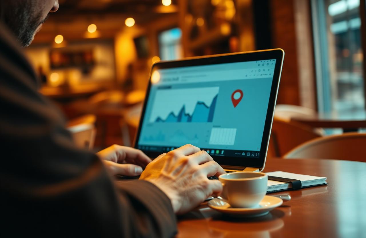 Google Maps optimalisatie horeca restauranteigenaar reviewt lokale zoekperformance dashboard op laptop in warme bistro