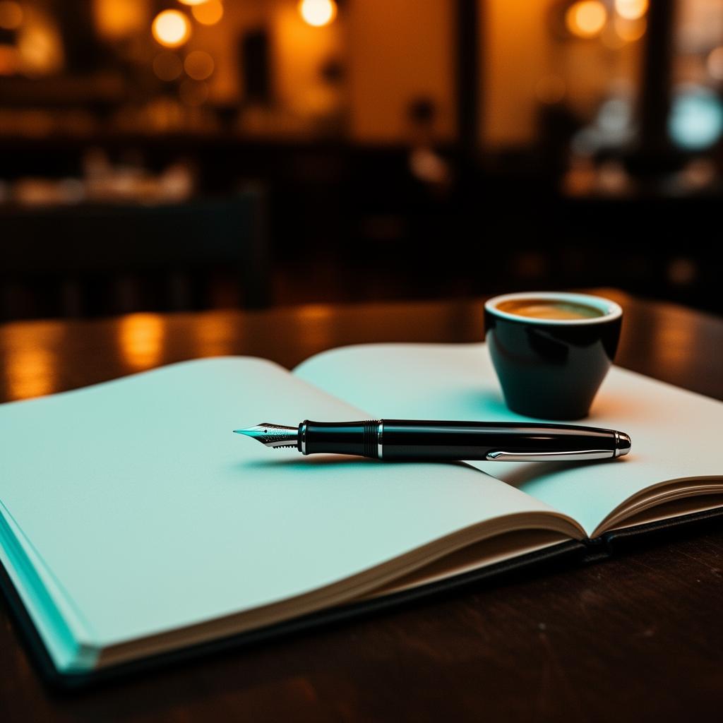 Notitieblok en pen naast een koffie in een warm verlicht restaurantinterieur met cinematische bokeh