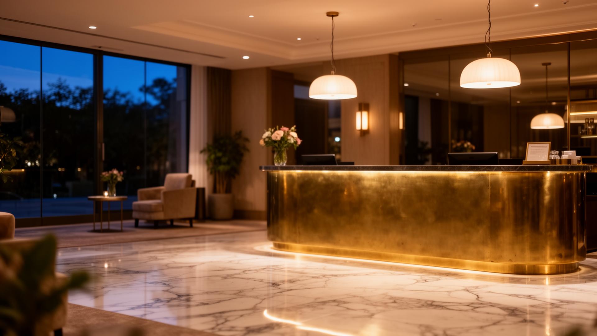 AI guest journey horeca hotel lobby met messing balie en warme verlichting bij avond