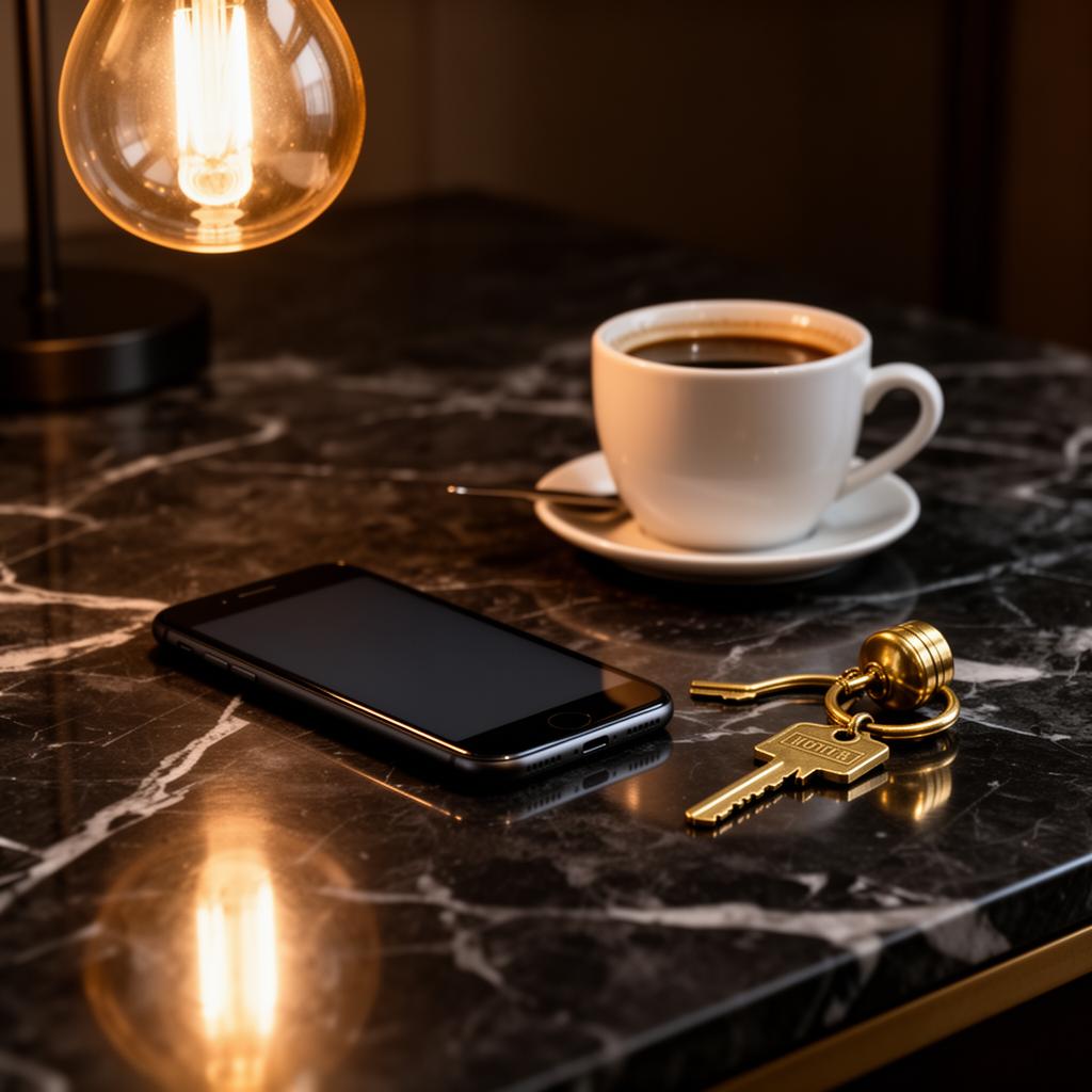 AI guest journey horeca donker tafereel met smartphone bij koffiekop en sleutel op marmer