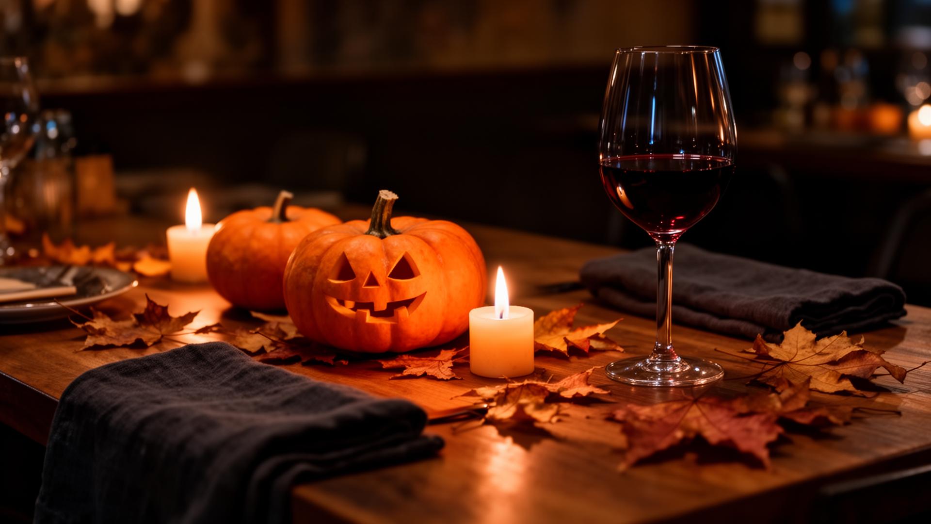 AI Halloween horeca campagne sfeer in restaurant met kaarslicht en pompoenen
