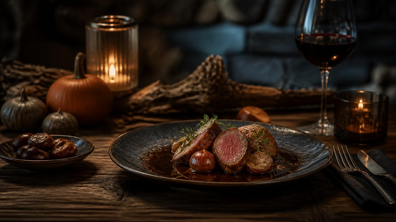 AI herfstcampagne horeca warme restauranttafel met herfstgerecht kastanjes en pompoen in avondlicht zonder mensen
