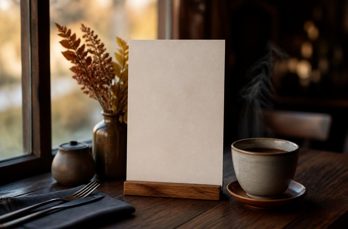 AI herfstcampagne horeca closeup van seizoenskaart en warme drank op houten tafel bij raam met herfstlicht