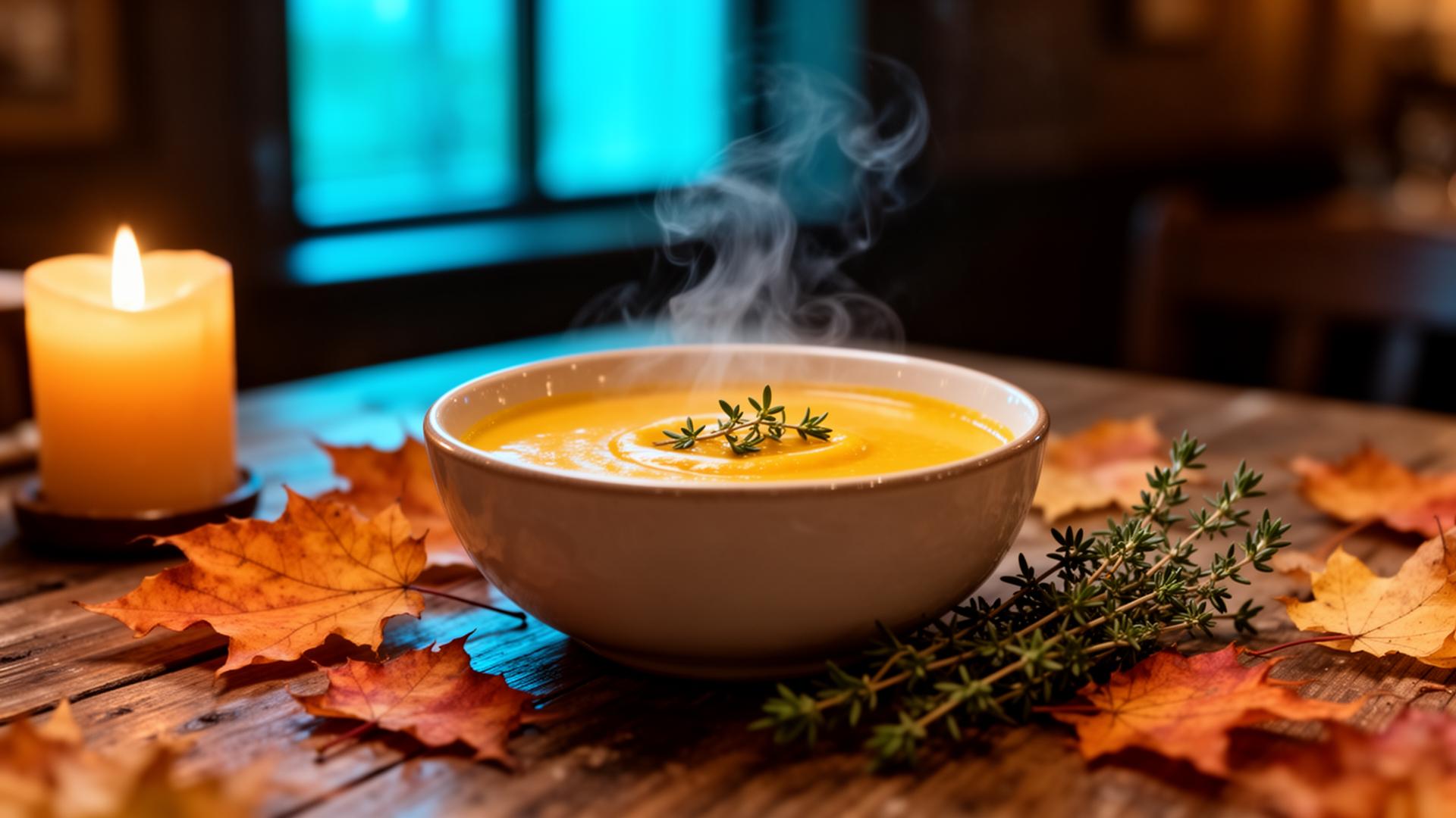 AI herfstaanbiedingen horeca communicatie: cinematische pompoensoep met thymjan en herfstbladeren op rustieke houten tafel bij kaarslicht