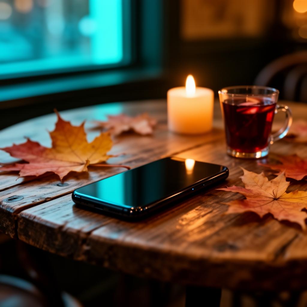 Dark smartphone face-down op rustieke houten bistrotafel met kaars, glühweinglas en herfstbladeren voor AI herfstaanbiedingen horeca communicatie