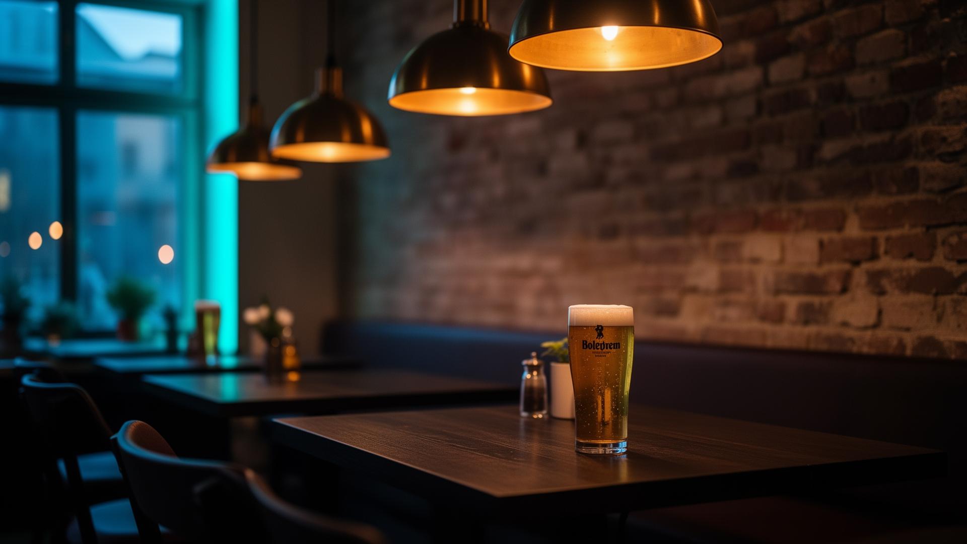 AI klantenservice horeca Duitsland: cinematisch Berlijn restaurant interieur met warme avondverlichting, geen mensen