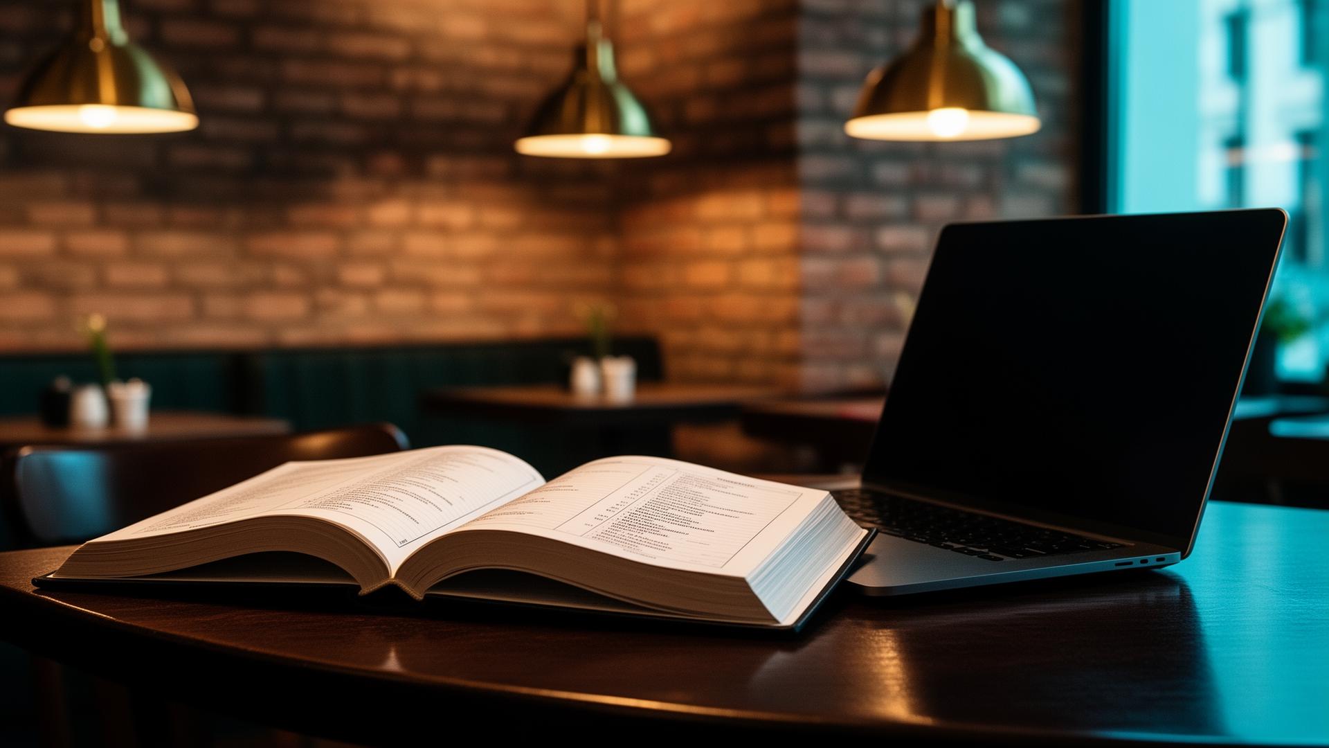 Reserveringsboek en laptop op donkere houten tafel in warm cinematisch Berlijns restaurantlicht