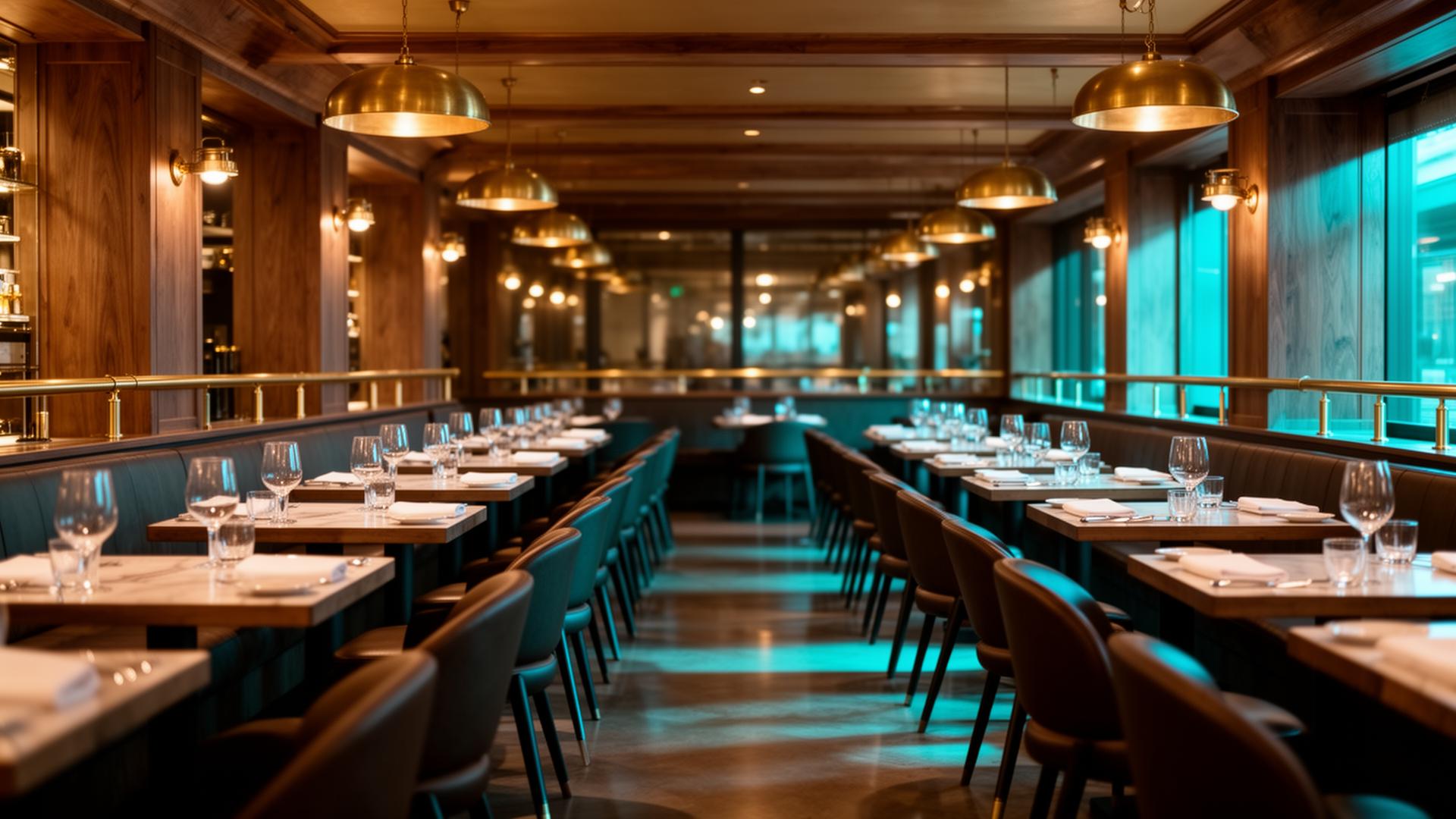AI horeca franchise keten elegante restaurantzaal met identieke gedekte tafels in lange rij