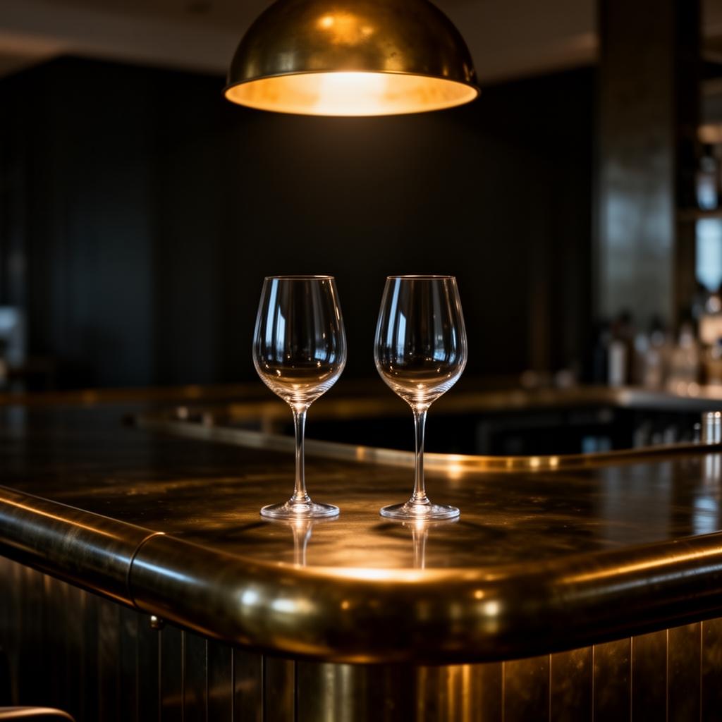AI horeca franchise keten brass bar met twee identieke wijnglazen onder pendant licht