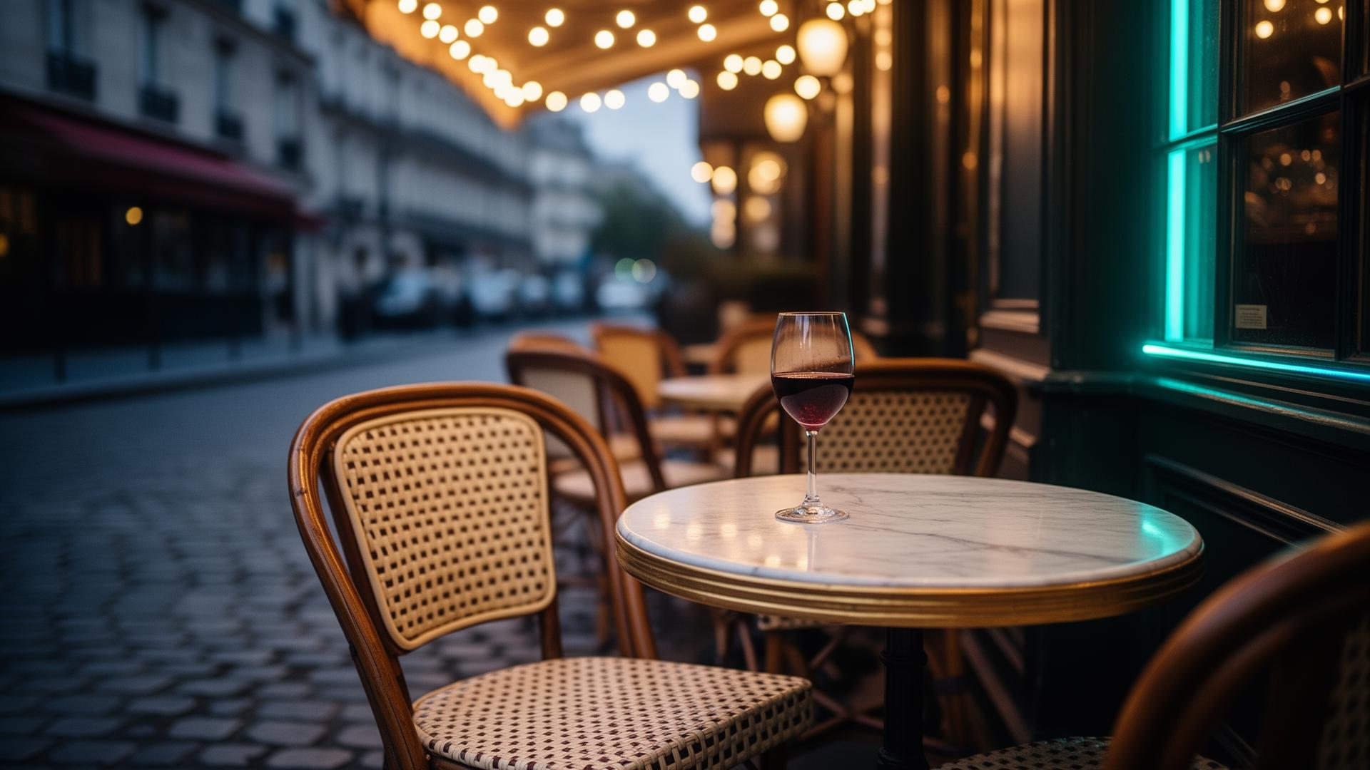 AI klantenservice horeca Frankrijk: cinematisch Parijs bistro terras met warme avondverlichting, geen mensen