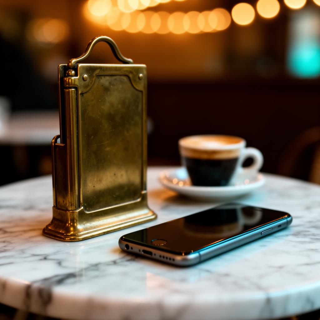 Vintage menukaart-houder en smartphone op een marmeren bistrostafel in warme cinematische verlichting
