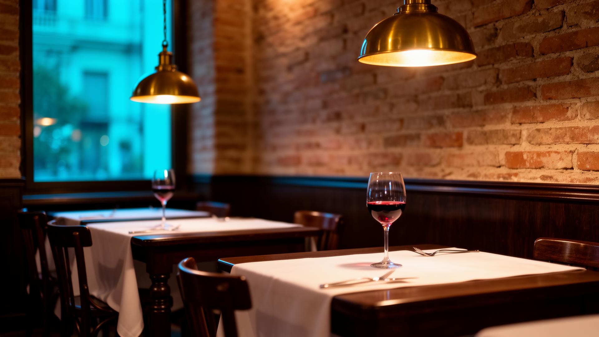 AI klantenservice horeca Italie: cinematisch interieur van Milanees ristorante met warme avondverlichting
