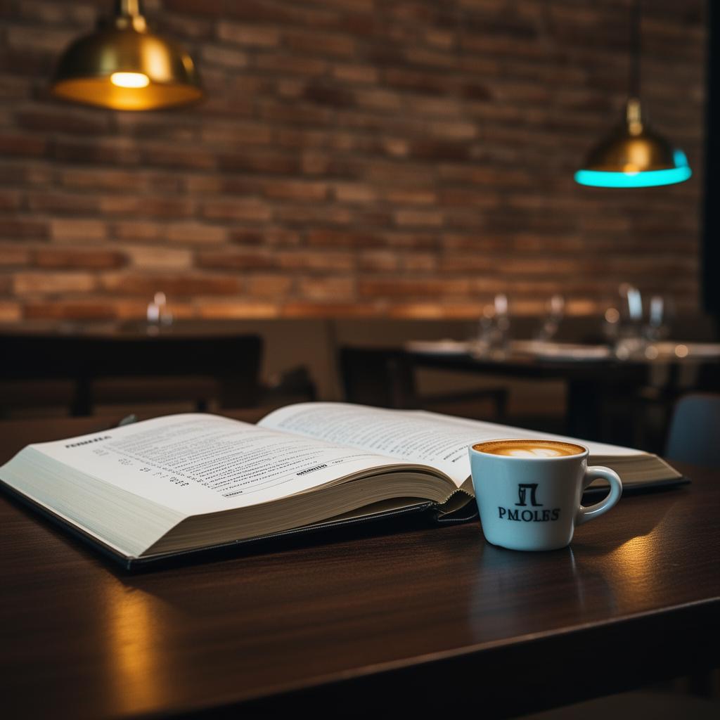 Reserveringsboek en espresso-kop op donkere houten tafel in warm cinematisch Milanees licht