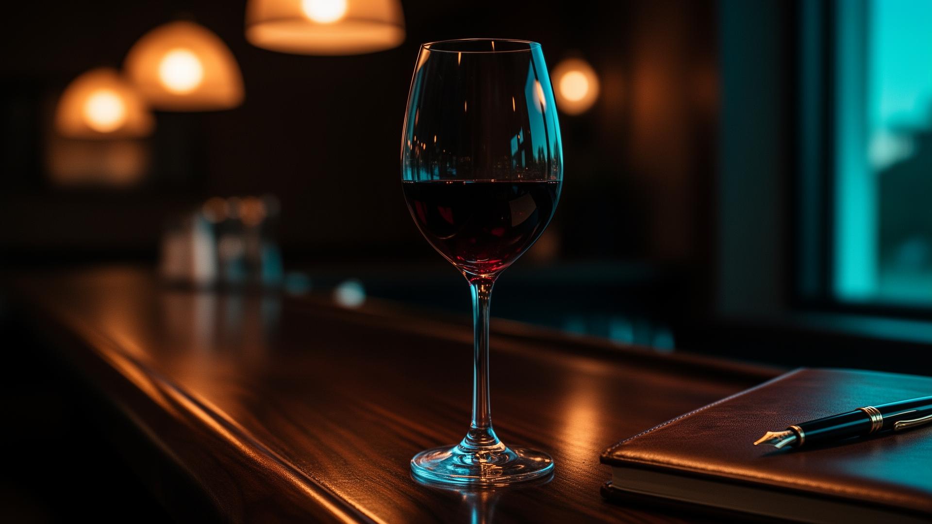 AI horeca jaaroverzicht 2025: cinematisch glas rode wijn op donkere bartoog met leren notitieboek en pen voor terugblik
