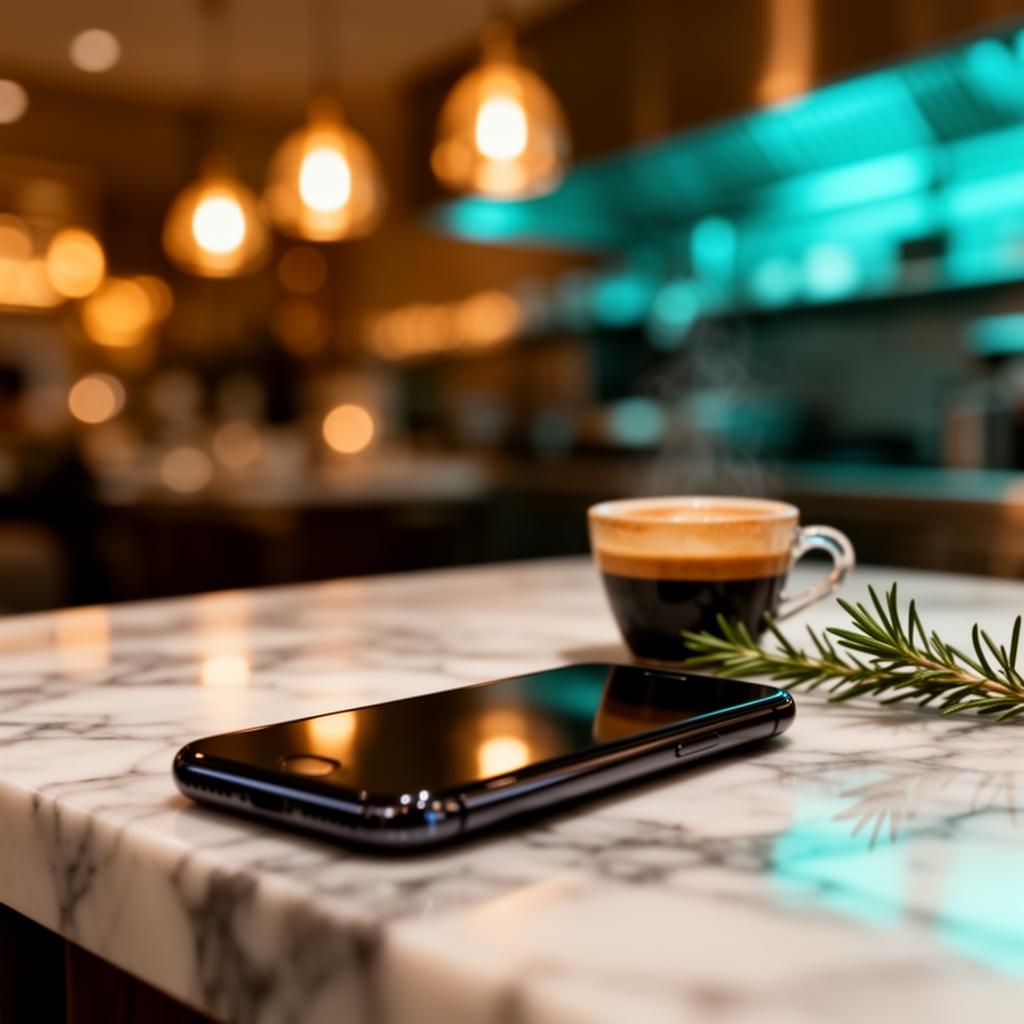 Smartphone op marmeren pass naast espresso en rozemarijn voor AI horeca jaaroverzicht 2025