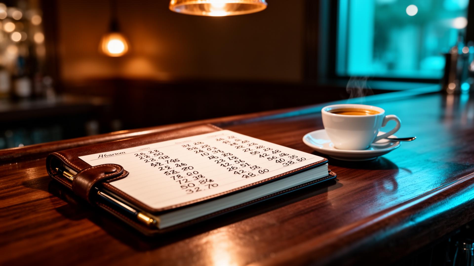AI horeca kosten: cinematische close-up van handgeschreven horeca financieel notitieboek met espresso op donkere bartoog
