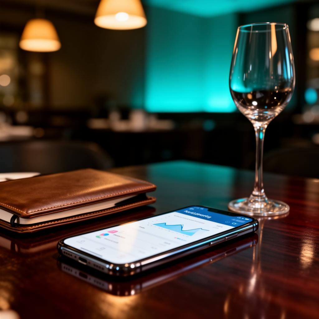 Smartphone met blurred dashboard naast leren agenda en wijnglas in donkere restaurantsetting voor AI horeca kosten