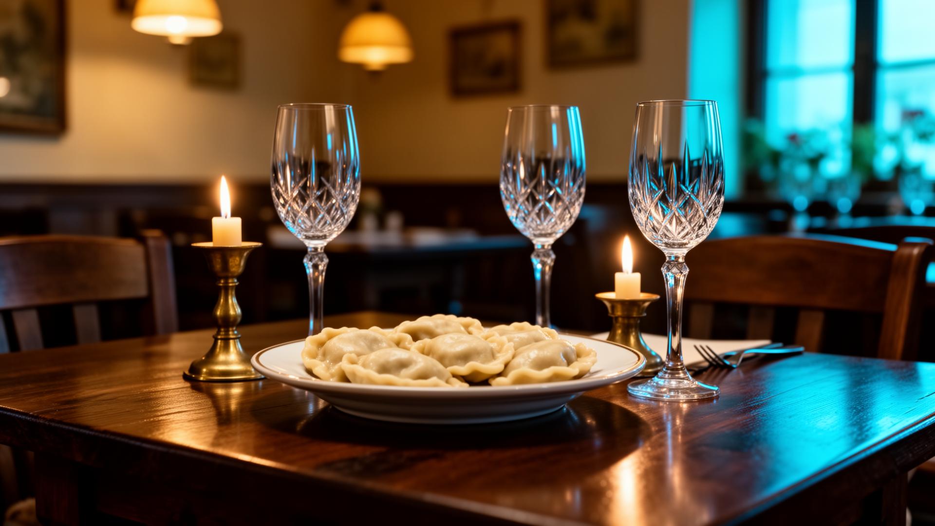 AI horeca Polen: cinematische close-up van Pools restaurant interieur met warm hout, kaarslicht en lege wijnglazen