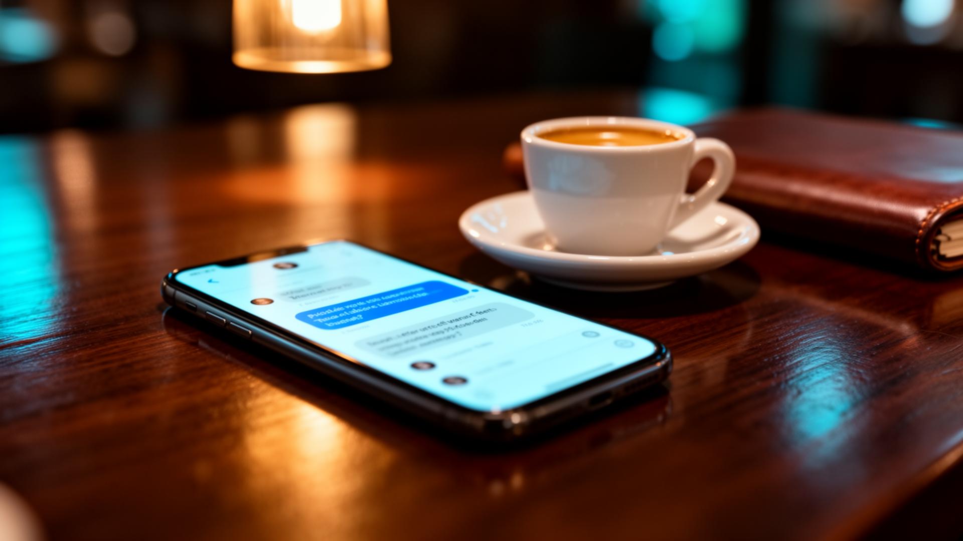 Cinematische close-up van smartphone met blurred Poolse chatinterface naast espresso op donker hout voor AI horeca Polen