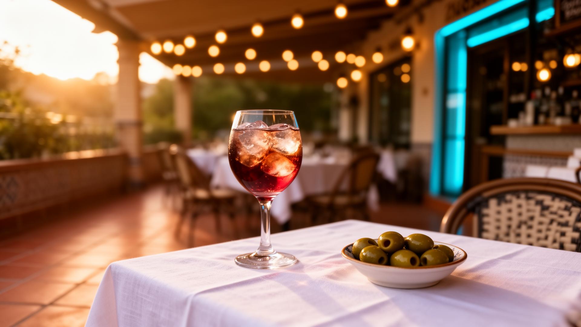 AI klantenservice horeca Spanje: cinematisch Spaans terras in warme avondlicht, geen mensen