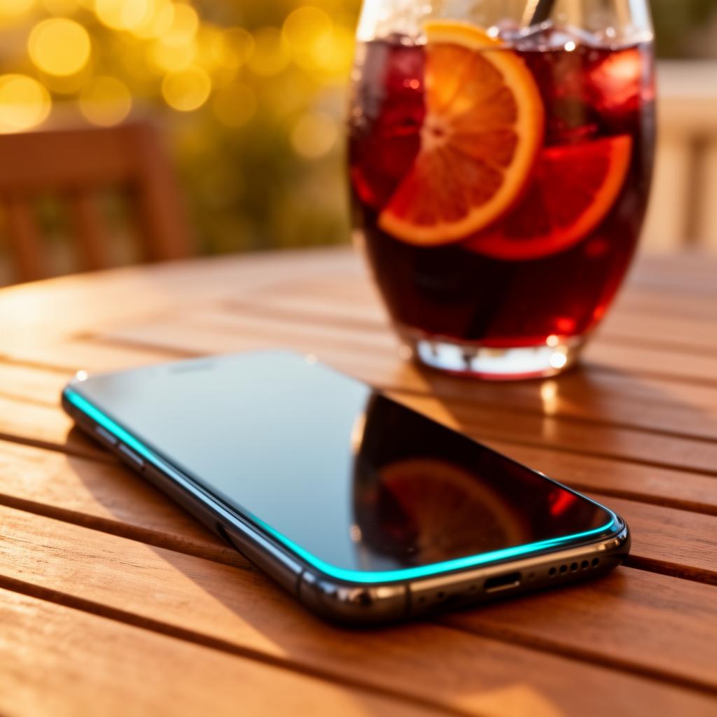 Smartphone op een houten terrasstafel met een glas sangria slightly blurred achter in warme bokeh