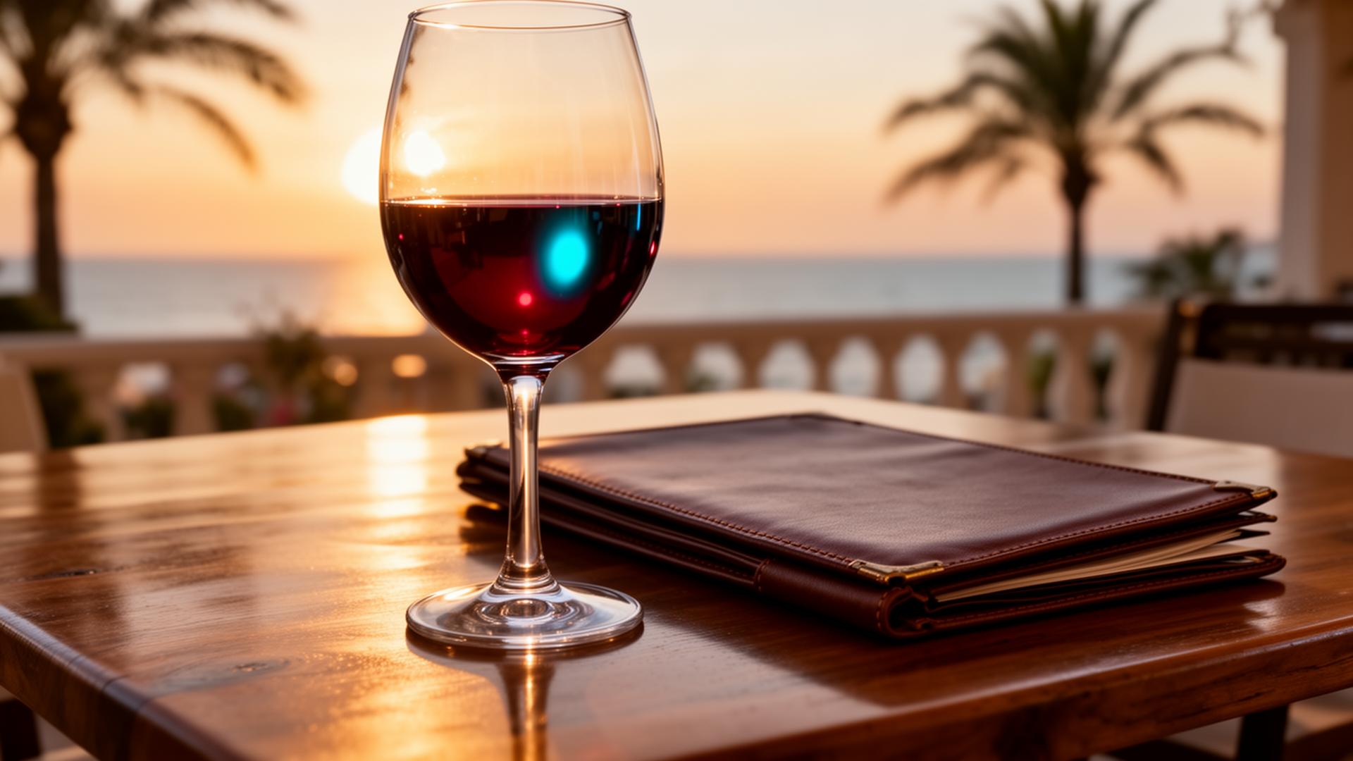 AI horeca Spanje casestudy cinematic closeup van mediterrane terras-tafel met wijnglas en menukaart bij zonsondergang