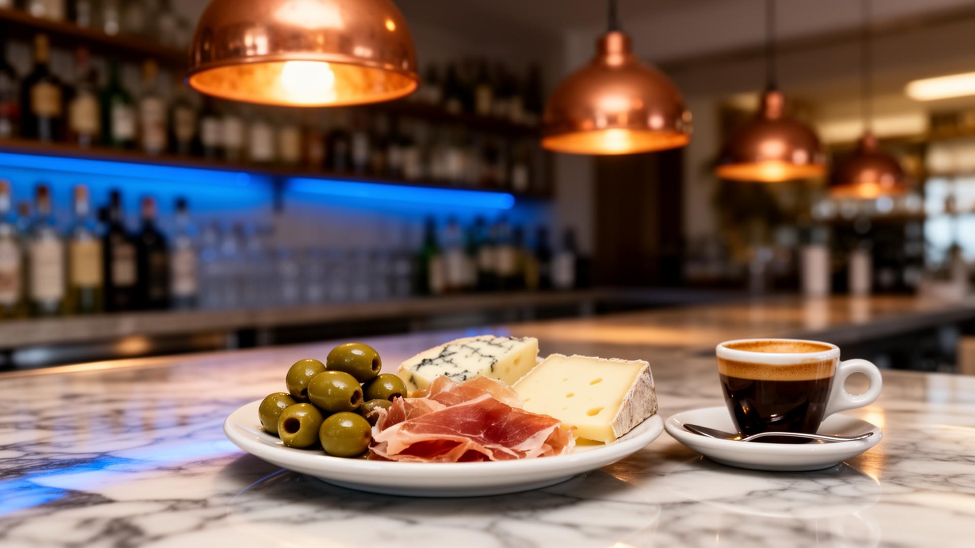 AI horeca Spanje casestudy closeup van tapas en espresso op marmeren bar in Costa Brava restaurant