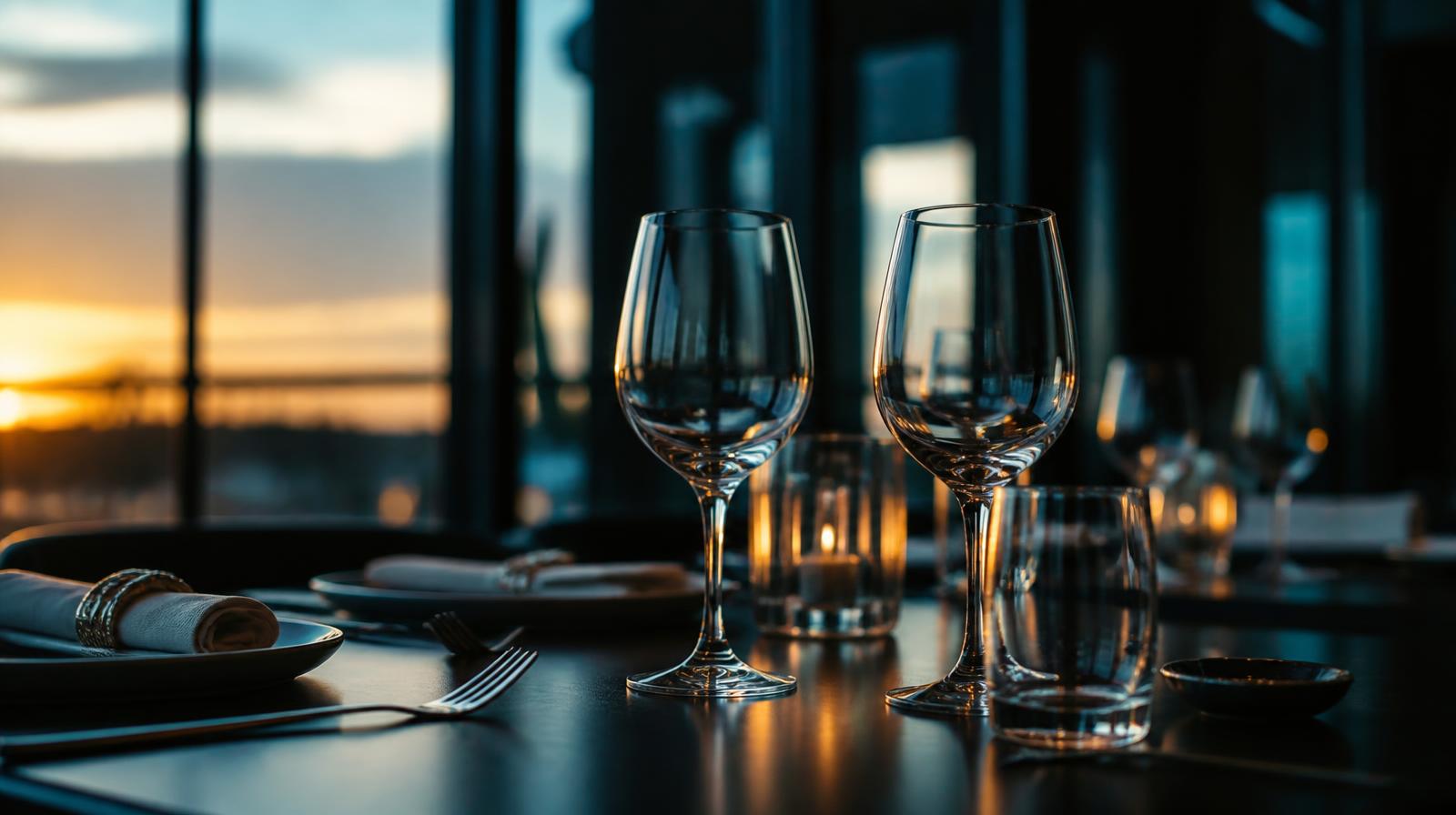 Horeca in 2027 closeup van gedekte restauranttafel bij avondlicht met subtiele blauwe reflecties