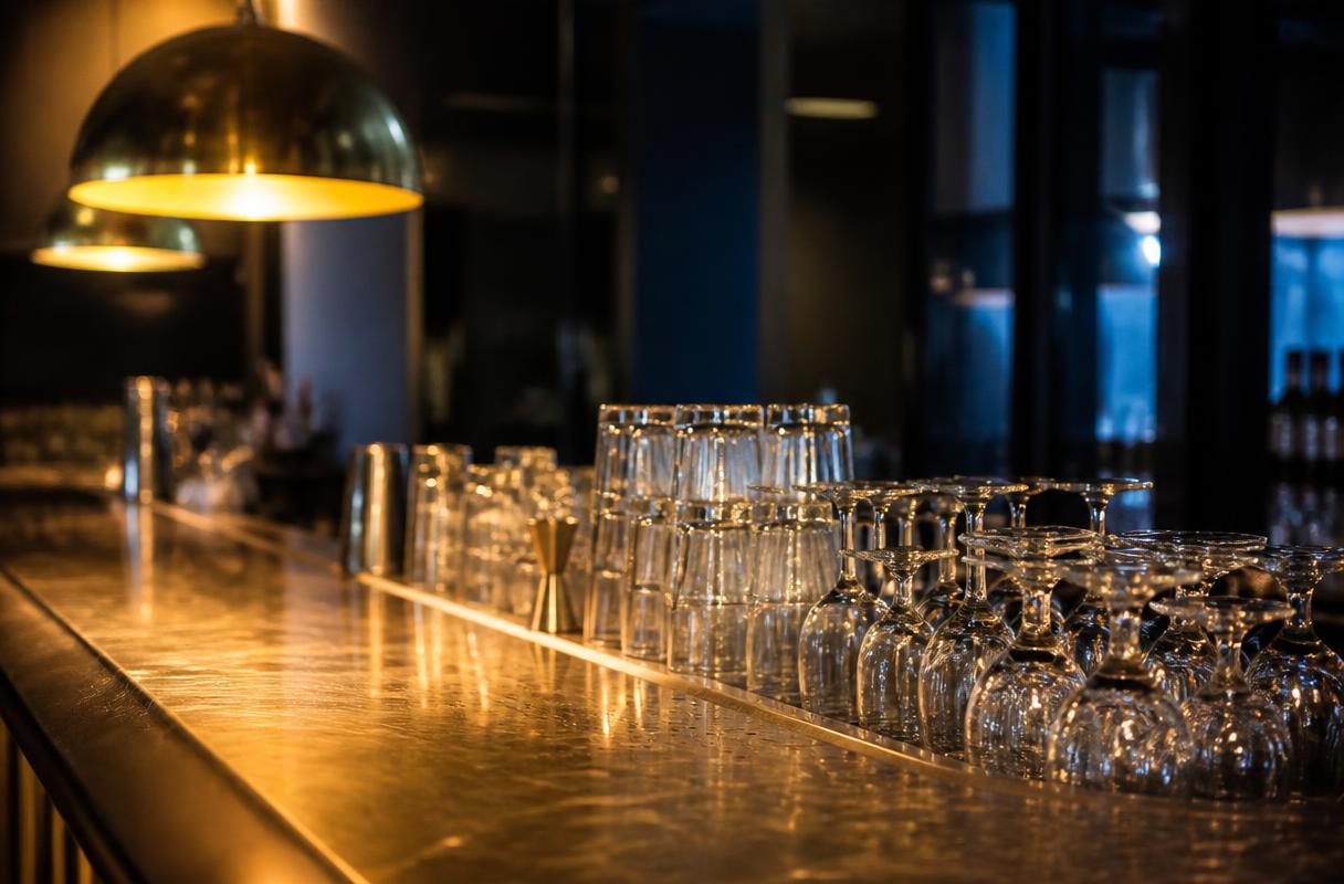Horeca in 2027 closeup van koperen bar met glazen en zachte blauwe lichtaccenten