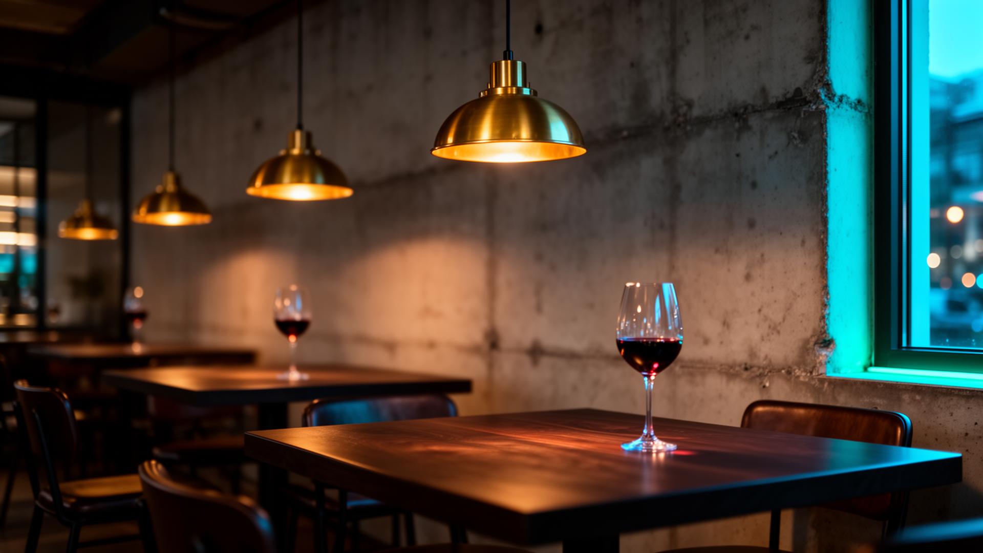 AI horeca trends 2025: cinematisch interieur van modern restaurant met warme avondverlichting en subtiele cyan-accenten