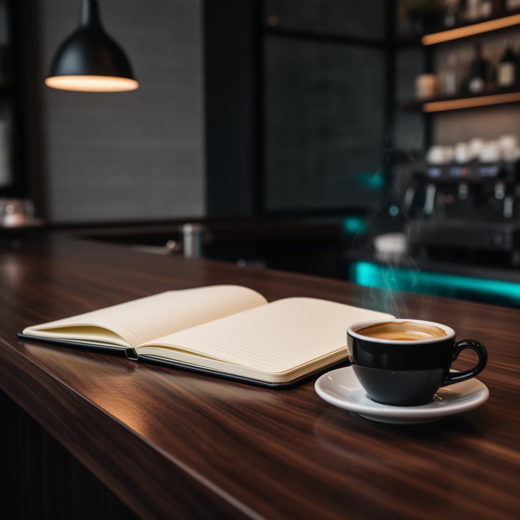Open notitieboek en koffiekop op donker bartoog in warm cinematisch licht met subtiele cyan reflectie