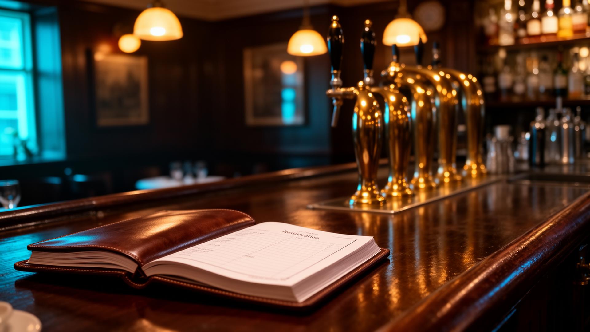 AI horeca UK: cinematische close-up van Engels pubinterieur met donker hout en koperen taps in warm licht