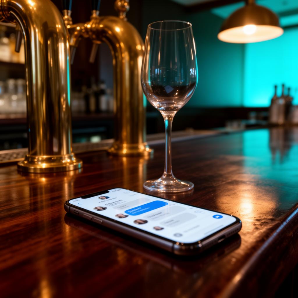 Smartphone met blurred chatscherm naast koperen taps en wijnglas op donker bartoog in Engels restaurant