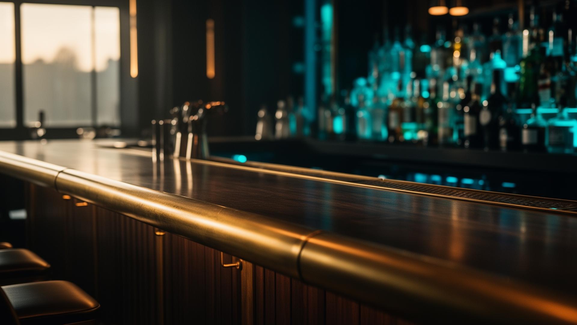 AI horeca verwachtingen 2026 cinematic closeup van restaurantbar bij dageraad met subtiele blauwe gloed