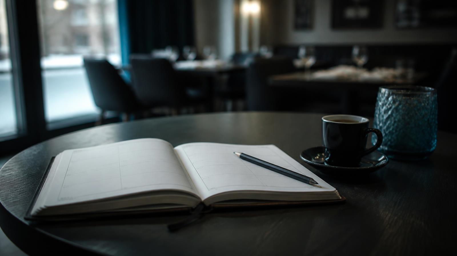 AI implementeren horeca closeup van weekplanner en koffie op een donkere restauranttafel in januari