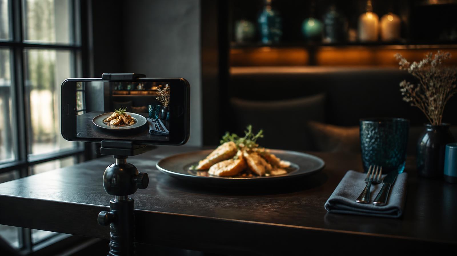 Influencer marketing horeca closeup van smartphone op statief gericht op gedekt restauranttafeltje