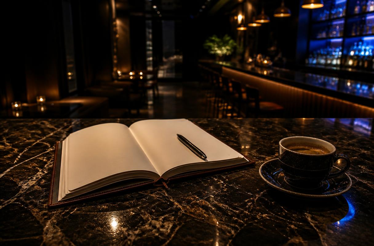 Influencer marketing horeca closeup van notitieboek met agenda naast espresso op donkere bar