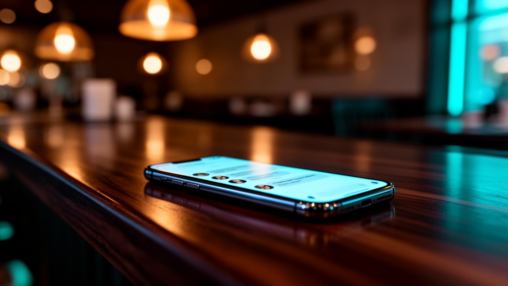 AI Instagram DM restaurant: cinematische close-up van smartphone met chatscherm op donker bartoog met warme lampen