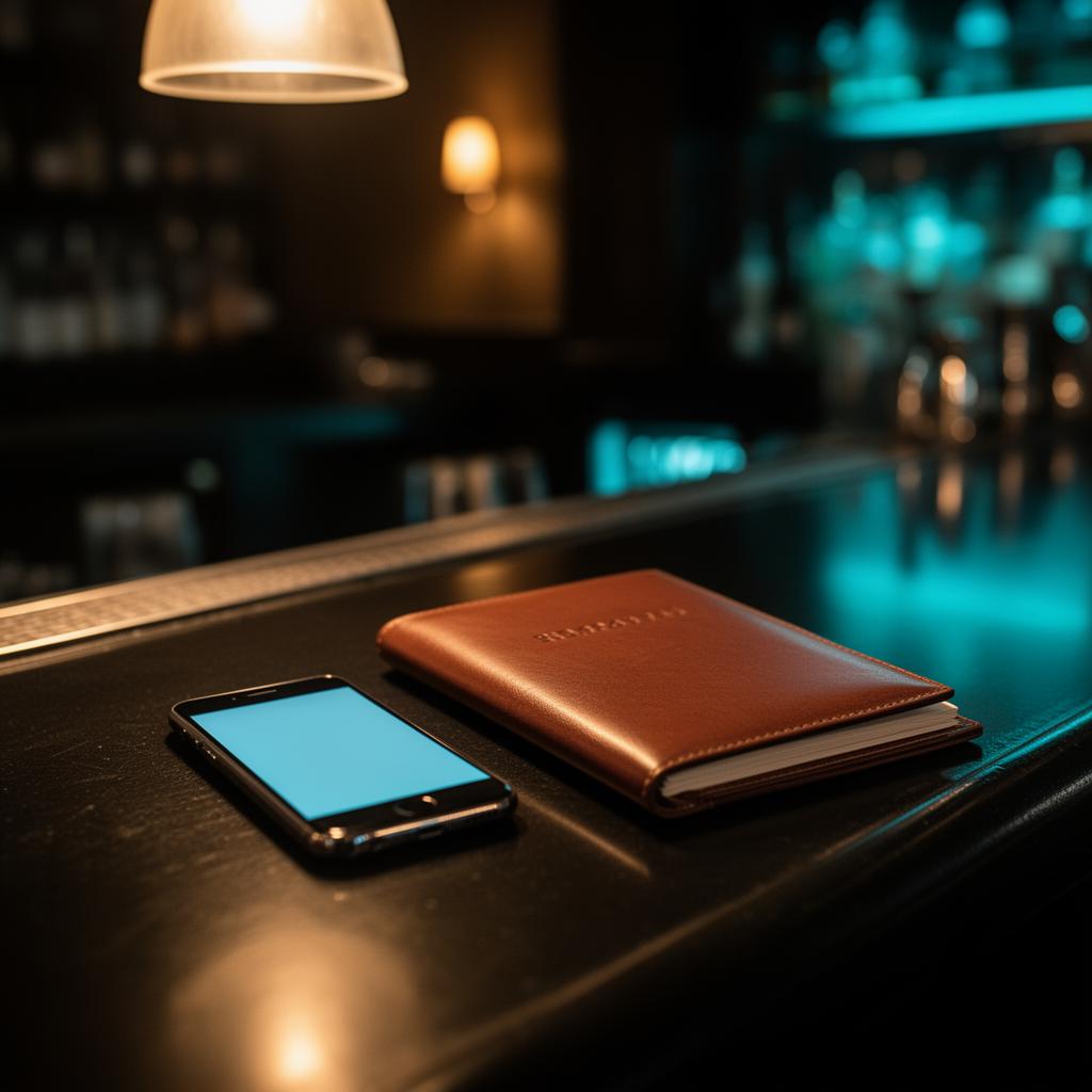 Smartphone naast leren reserveringsboek op donker bartoog in warm cinematisch licht