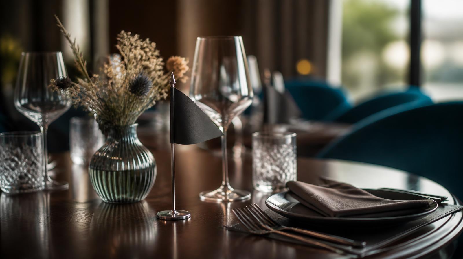 Internationaal groeien met AI in de horeca closeup van gedekte tafel met Europese vlaggetjes op donker hout bij warm licht