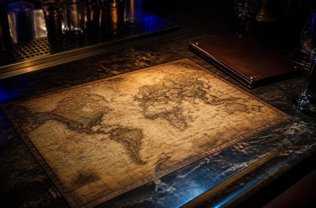Internationaal groeien met AI closeup van wereldkaart op donkere bar naast reserveringsboek in restaurant