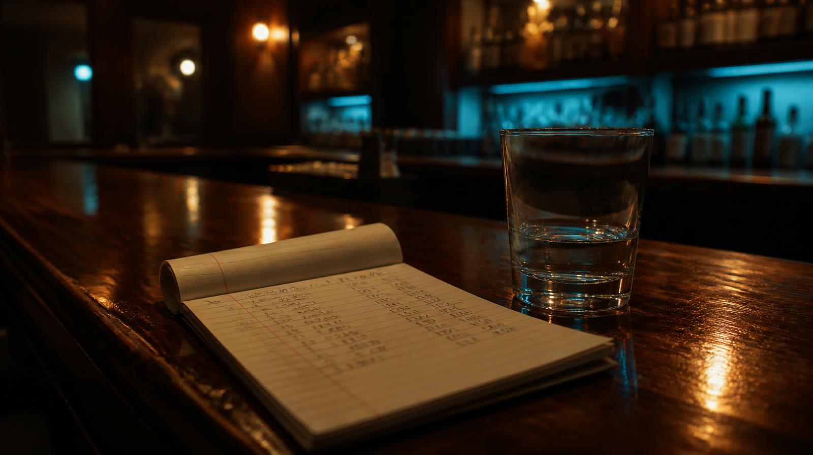 AI jaaroverzicht horeca closeup van notitieblok met cijfers op restaurantbar na sluitingstijd