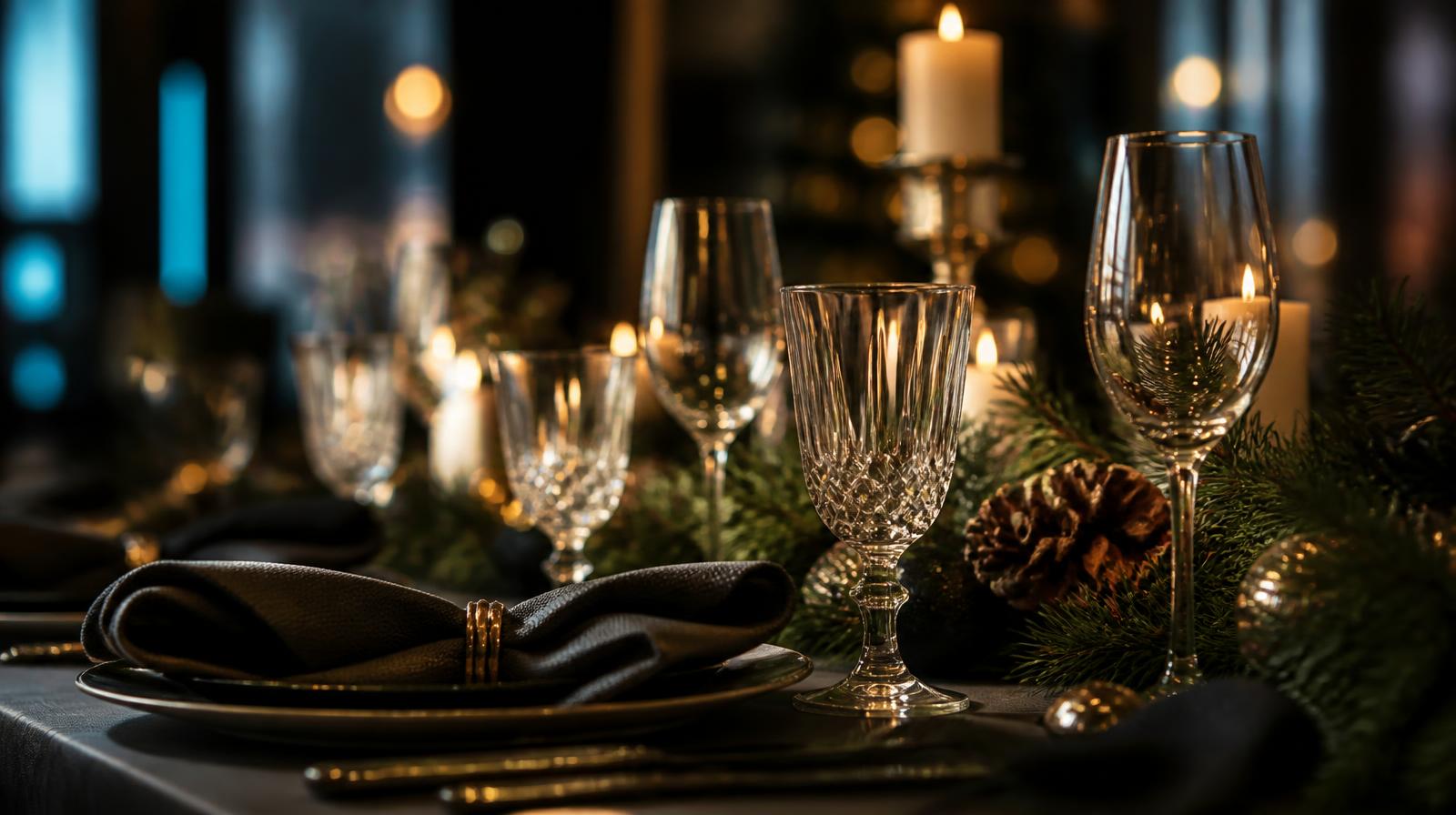 Kerst capaciteitsplanning closeup van feestelijk gedekte restauranttafel met kaarslicht en groen
