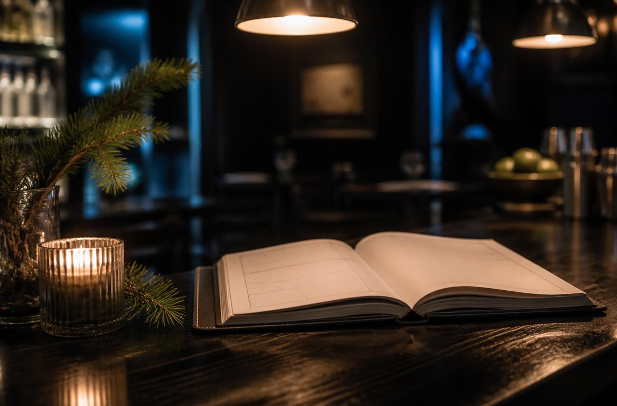 Kerst capaciteitsplanning closeup van reserveringsboek naast kaars op donkere bar in december