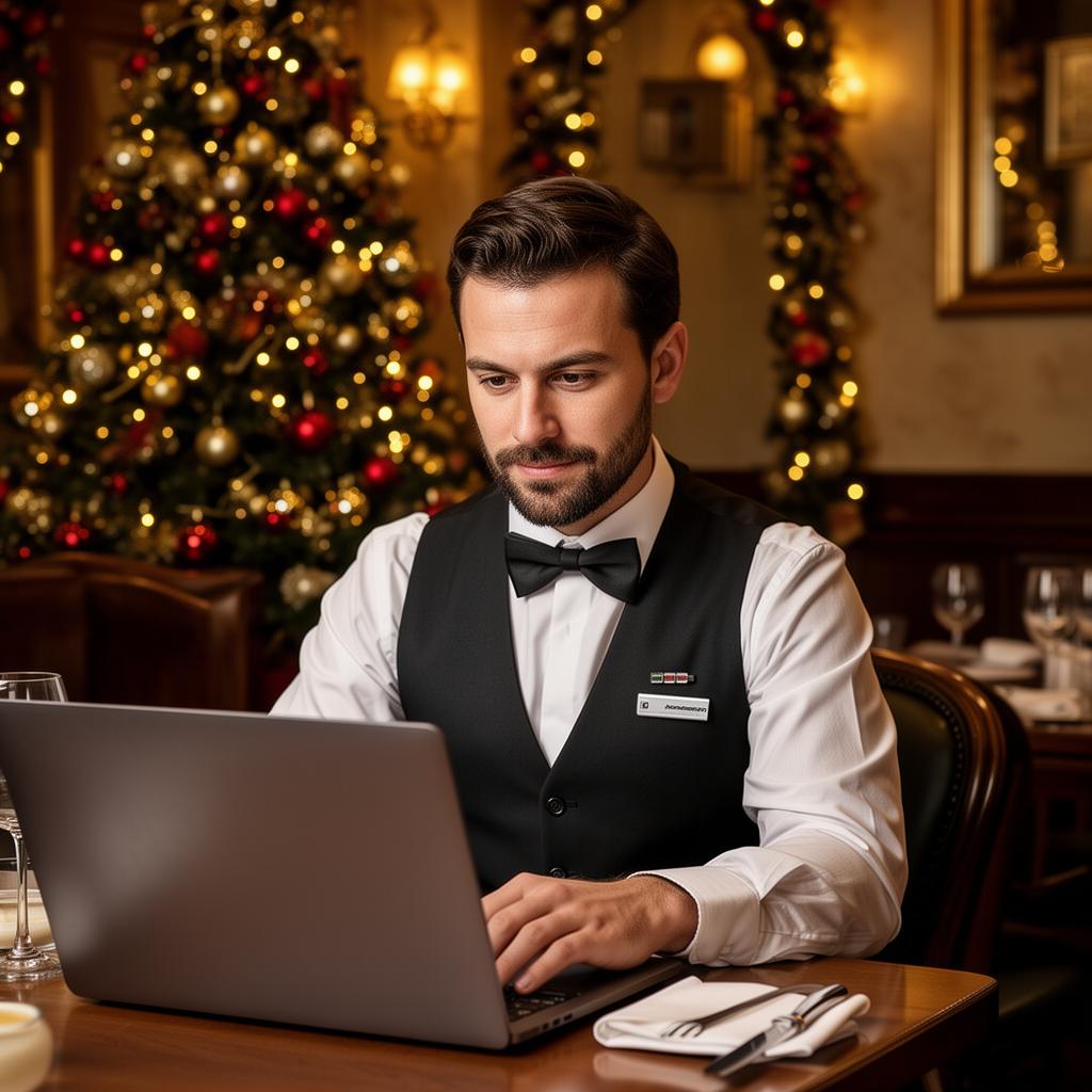 AI kerstcampagne horeca 2025 restaurantmanager achter laptop met kerstboom op achtergrond
