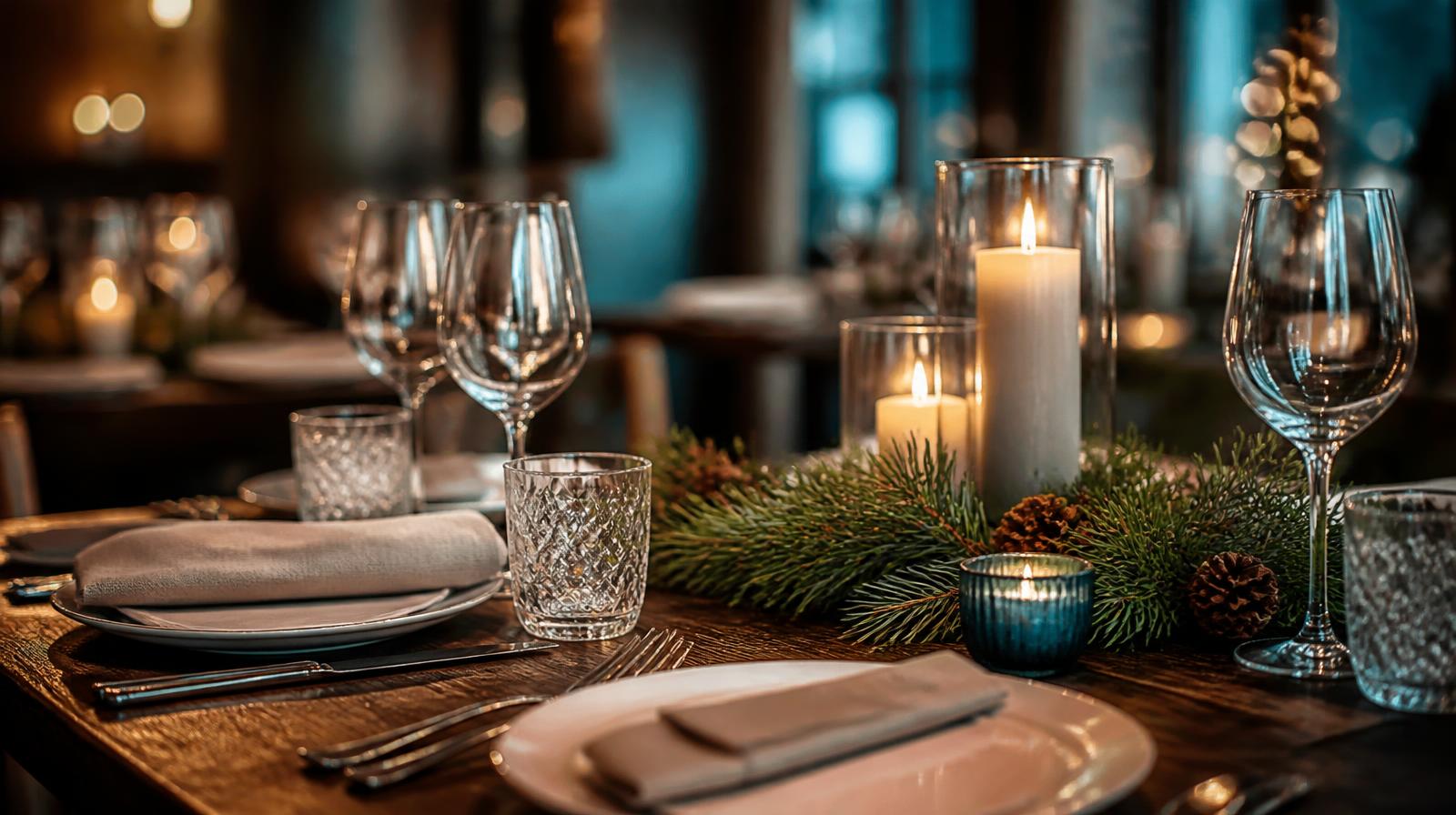 Kerstcampagne horeca closeup van feestelijk gedekte restauranttafel met kaarsen en groen op donker hout