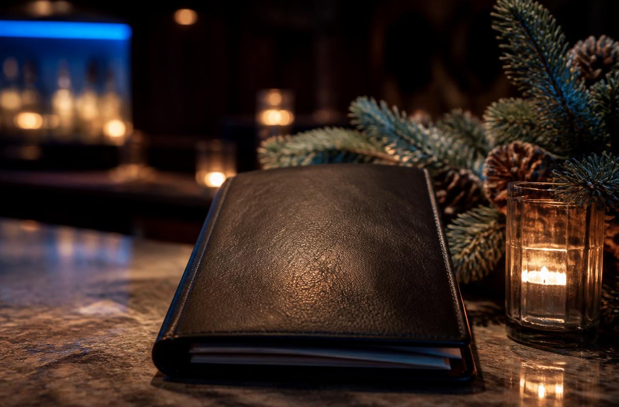 Kerstcampagne horeca closeup van reserveringsboek naast kaarslicht en kerstgroen op donkere bar