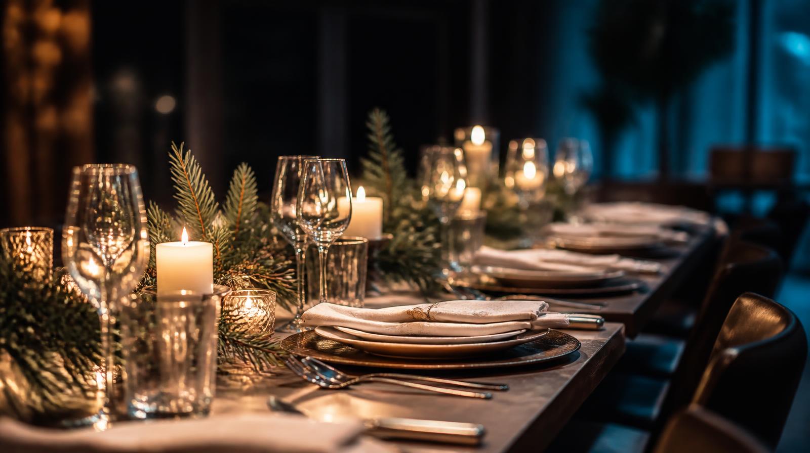 Kerstgroepsreserveringen automatiseren closeup van feestelijk gedekte lange tafel in restaurant bij kaarslicht