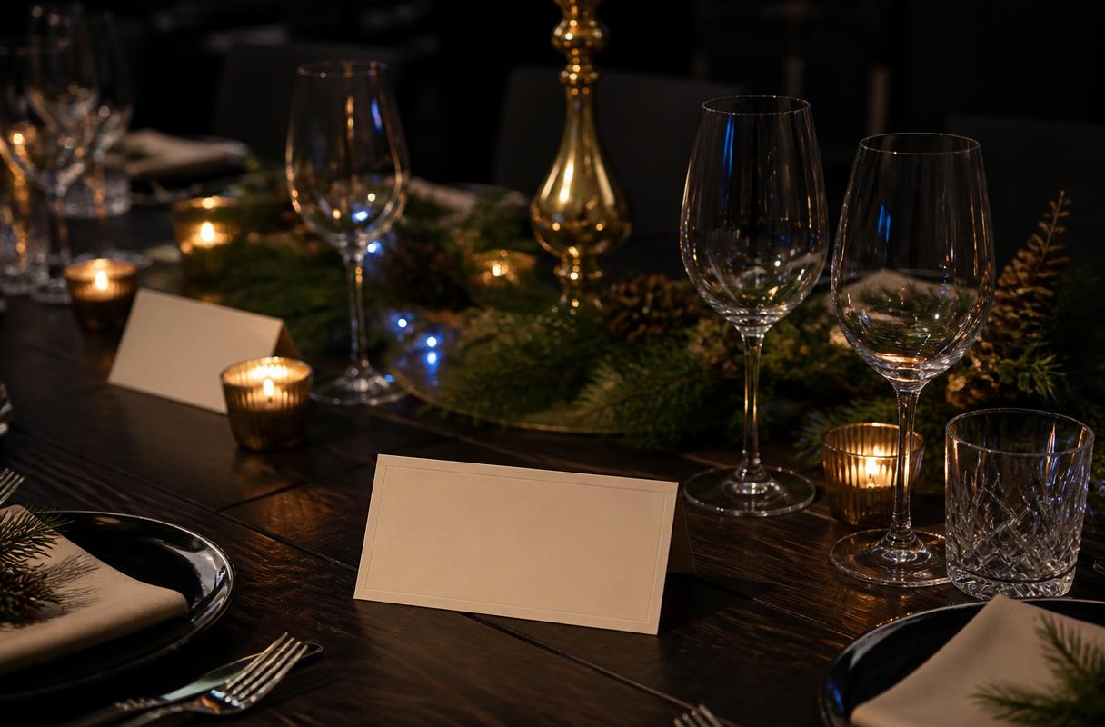 Groepsreservering horeca closeup van menukaarten en glazen op donkere tafel voor besloten kerstdiner