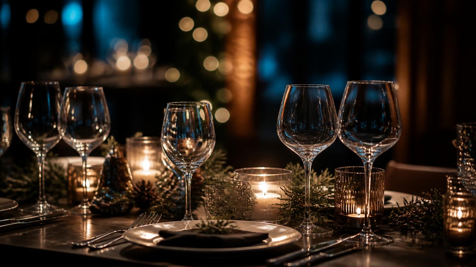 Kerstmenu upselling closeup van gedekte kersttafel met wijnglazen in restaurant